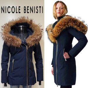 💥HOT ITEM!💥Down Coat with 100% Lamb Leather & Asiatic Racoon Fur Trim in Blue